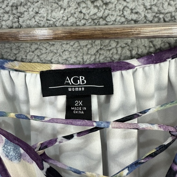 AGB‎ Womens 2X Purple Floral Chiffon Lace Up Top Ruffle Short Sleeve Boho - Picture 2 of 7